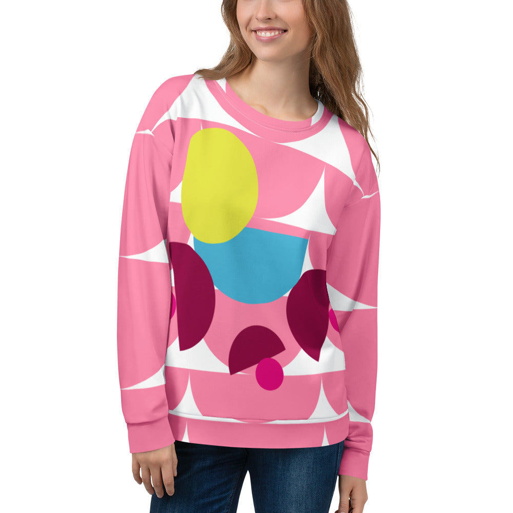 Good Wishes 365 women's pink recycled crew neck sweatshirt featuring a vibrant geometric mushroom graphic print