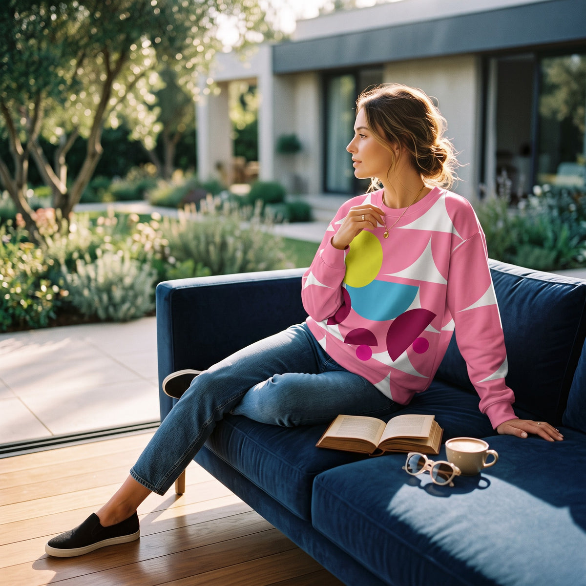 Good Wishes 365 pink geometric mushroom graphic sweatshirt worn by a woman sitting on a blue sofa outdoors.