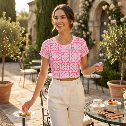 Good Wishes 365 pink patterned crop tee worn by a smiling woman in a sunny outdoor garden setting.