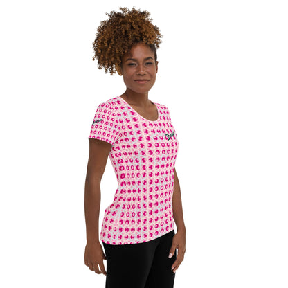 Good Wishes 365 women's athletic t-shirt with a pink polka dot print, featuring Dream text on a model.