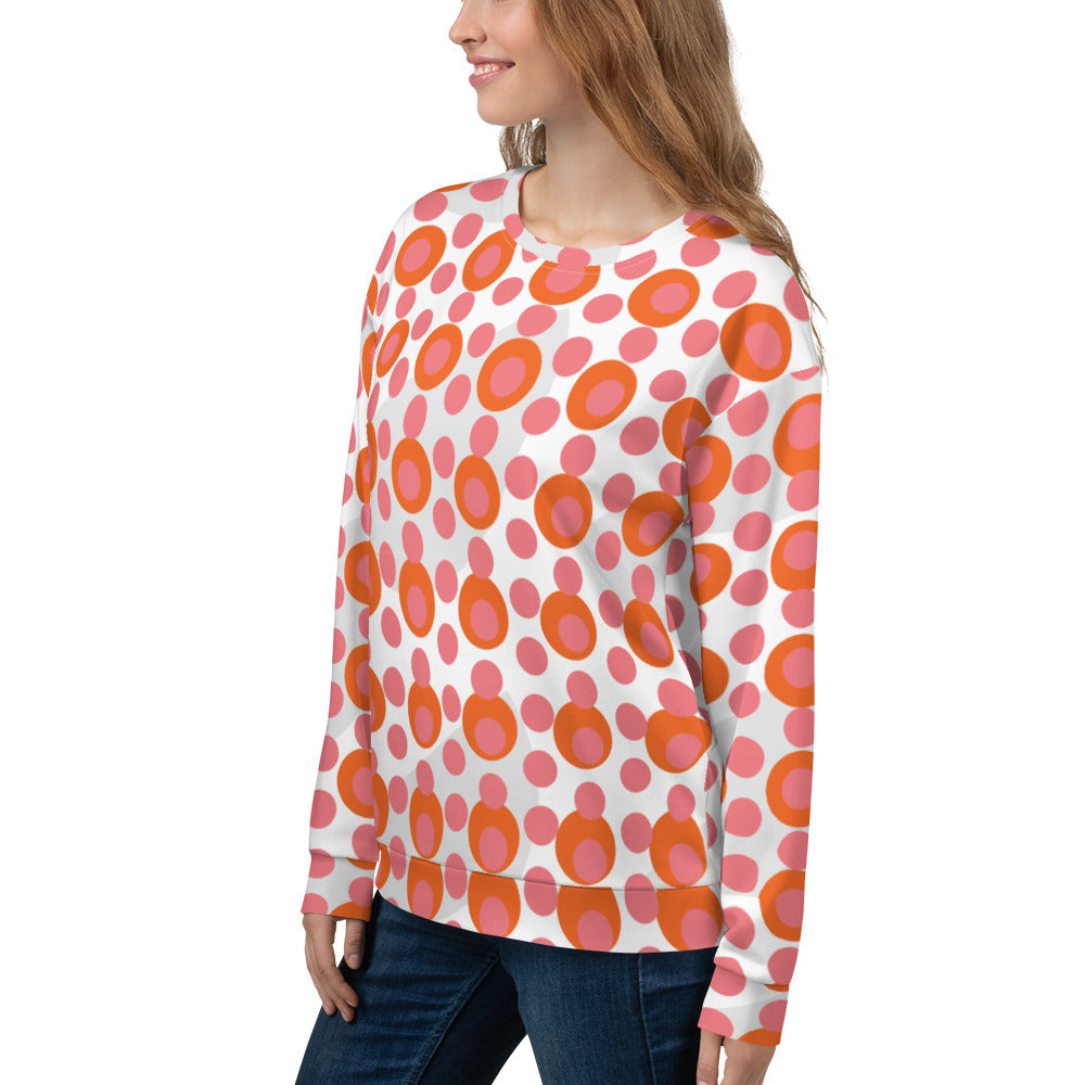 Good Wishes 365 women's recycled sweatshirt featuring a vibrant 70s pop art pink and orange polka dot pattern.