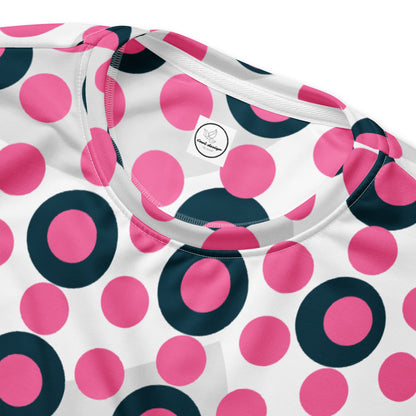 Good Wishes 365 unisex crew neck sweatshirt featuring a vibrant rose pink and charcoal polka dot and circle print.