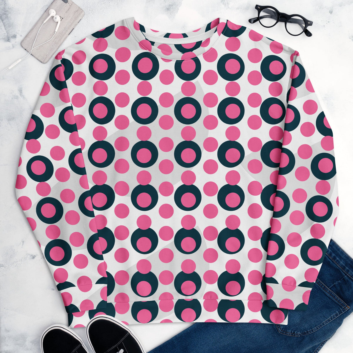 Good Wishes 365 unisex sweatshirt with a rose pink and charcoal polka dot print on a white background