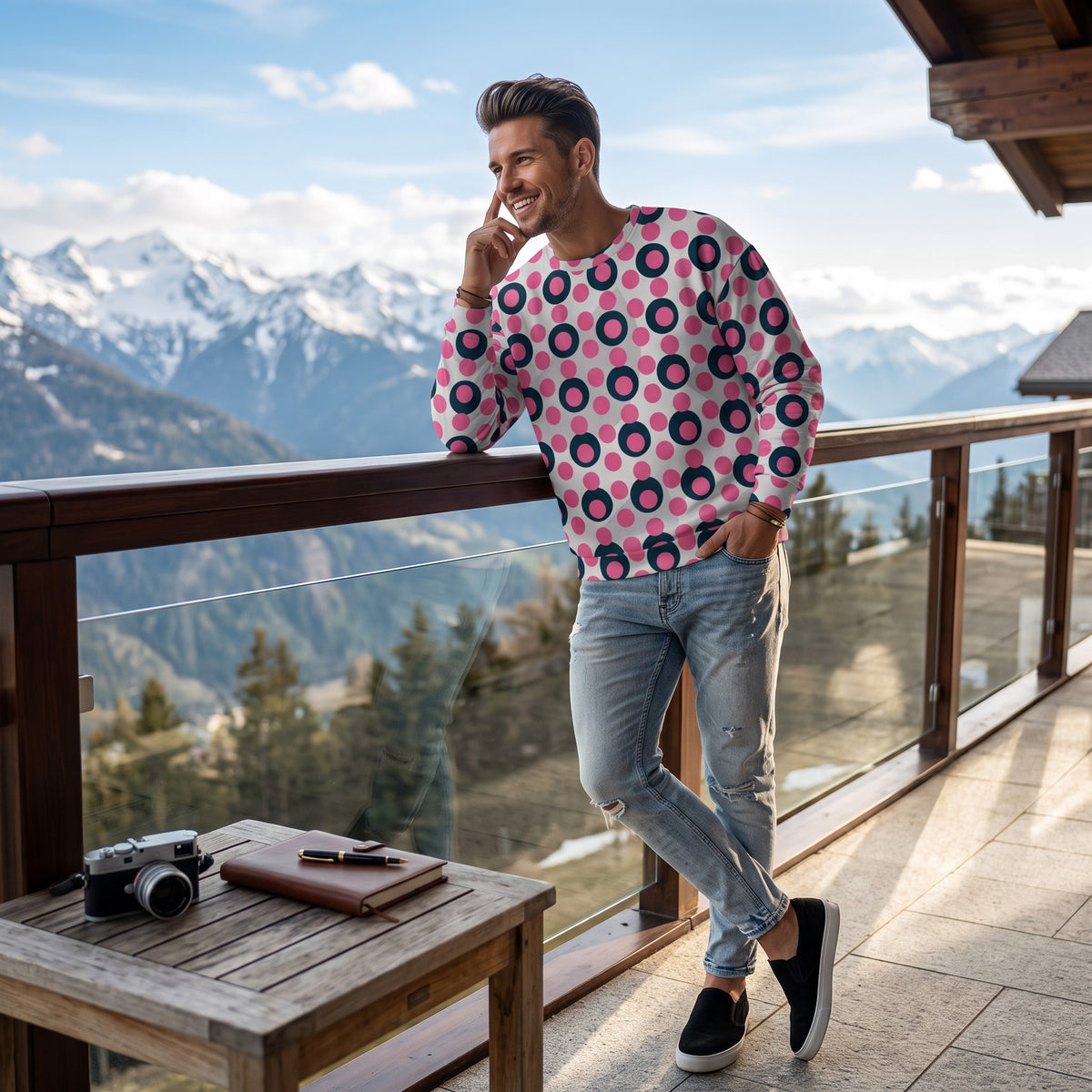 Good Wishes 365 unisex sweatshirt with rose pink and charcoal polka dot print, worn by a man on a mountain balcony.
