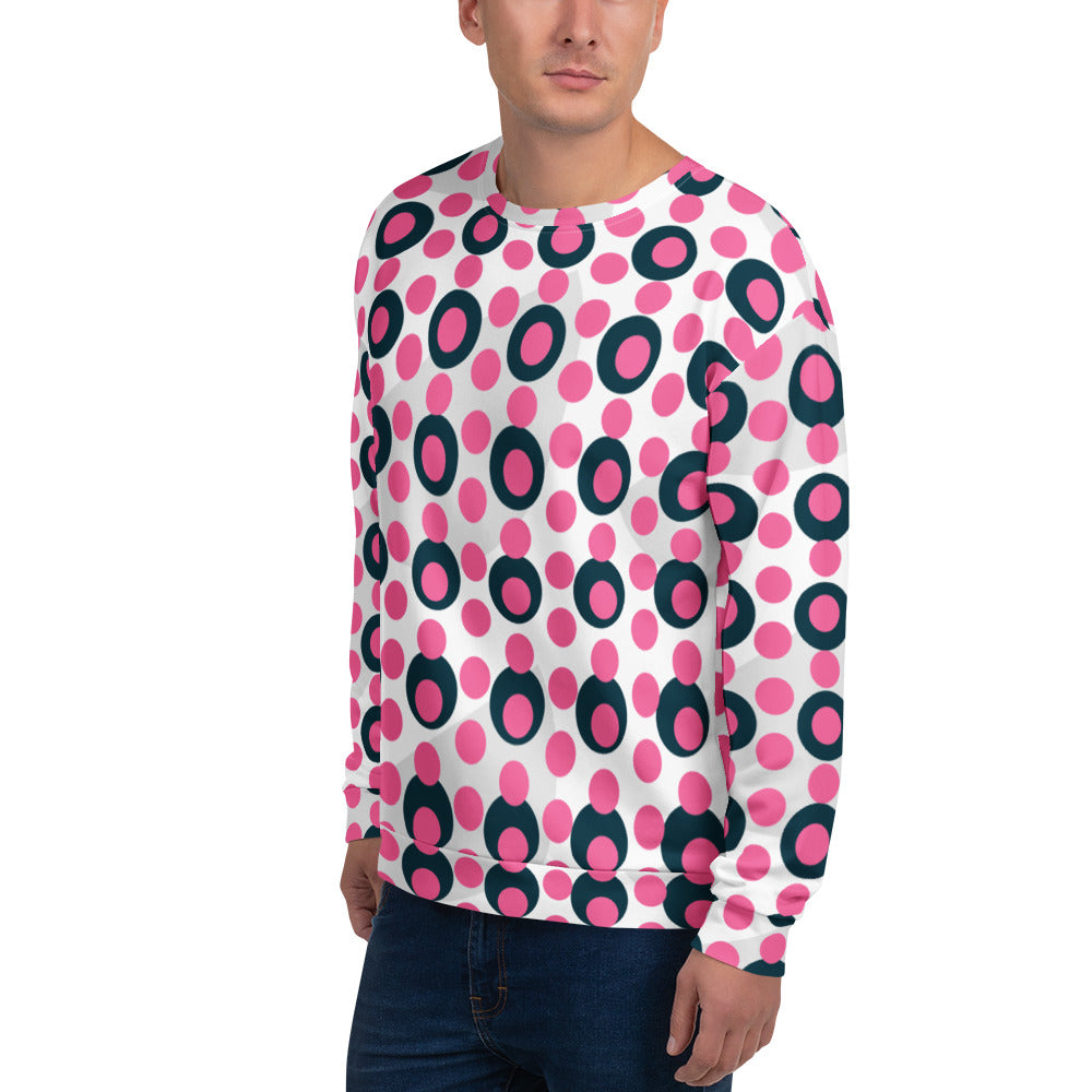 Good Wishes 365 unisex recycled sweatshirt with a vibrant rose pink and charcoal polka dot print on a white background