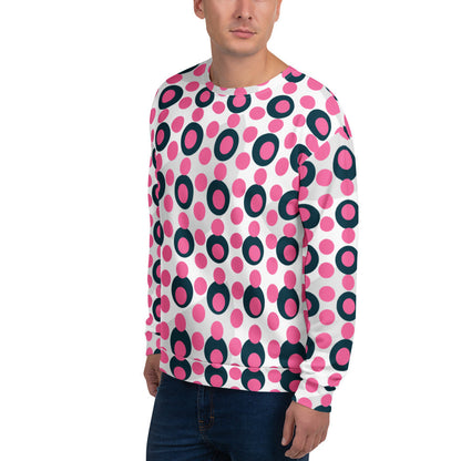 Good Wishes 365 unisex recycled sweatshirt with a vibrant rose pink and charcoal polka dot print on a white background