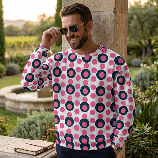 Good Wishes 365 unisex recycled sweatshirt with a rose pink and charcoal circle print worn by a man in sunglasses