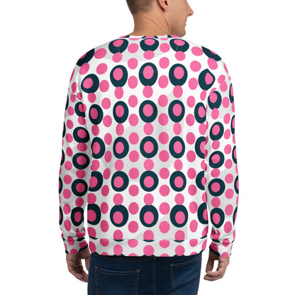 Back view of a Good Wishes 365 unisex sweatshirt with a rose pink and charcoal polka dot print on a white background.