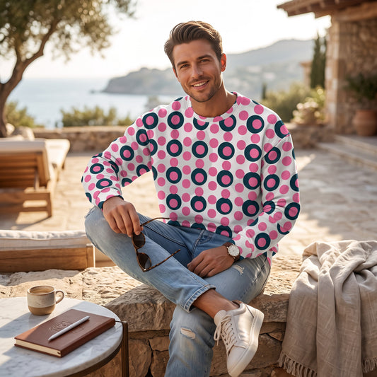 Good Wishes 365 unisex sweatshirt with rose pink and charcoal polka dot print, worn by a man on a sunny patio.