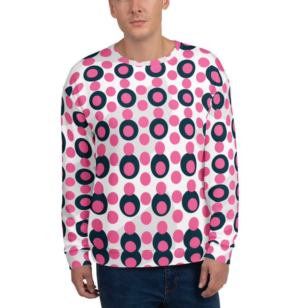Good Wishes 365 unisex crew neck sweatshirt featuring a vibrant rose pink and charcoal polka dot all-over print