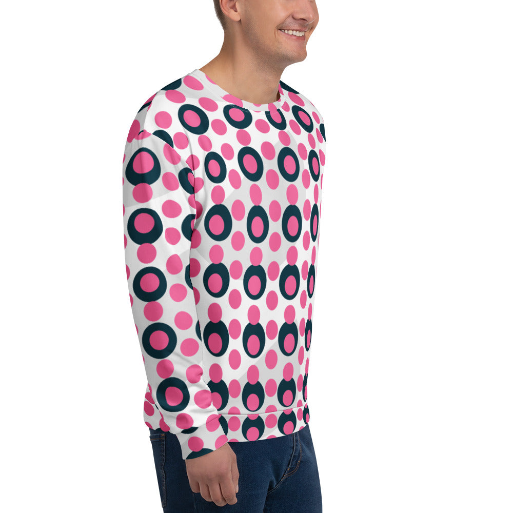 Good Wishes 365 unisex recycled sweatshirt featuring a vibrant rose pink and charcoal polka dot print on a man