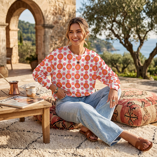 Good Wishes 365 recycled sweatshirt with pink and orange 70s pop art polka dot print worn by a smiling woman outdoors
