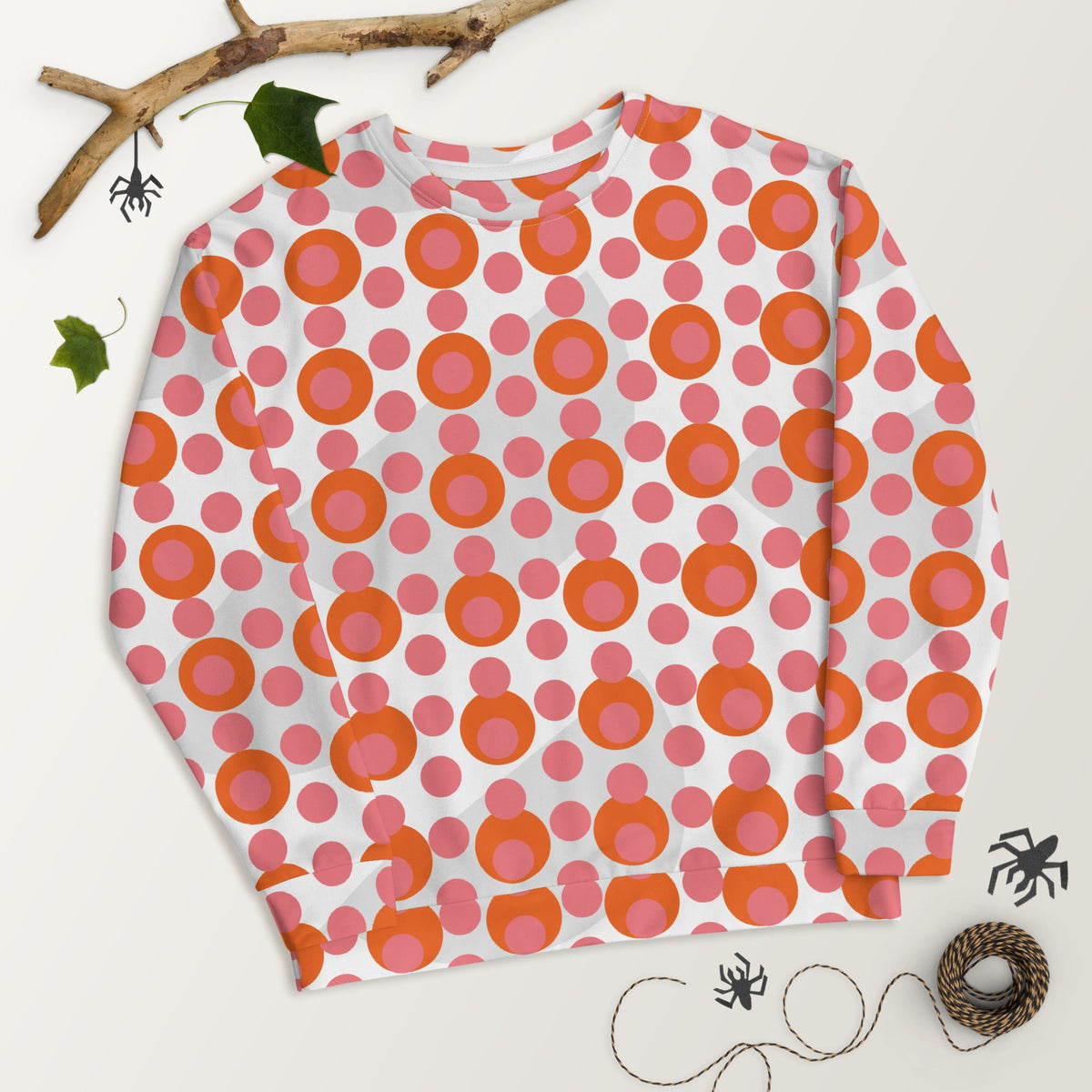 Good Wishes 365 recycled crew neck sweatshirt featuring a vibrant 70s pop art pink and orange polka dot pattern.
