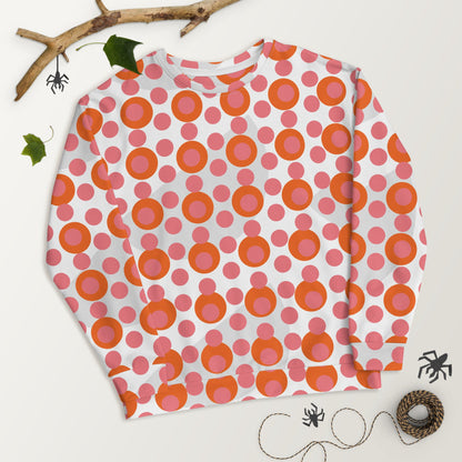 Good Wishes 365 recycled crew neck sweatshirt featuring a vibrant 70s pop art pink and orange polka dot pattern.