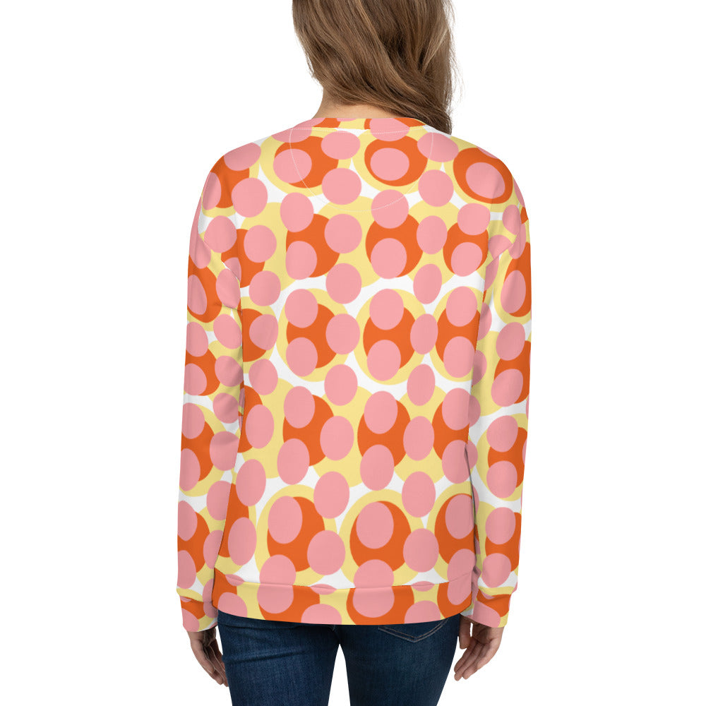 Good Wishes 365 recycled sweatshirt with 70s pop art pink, orange, and yellow geometric print, back view