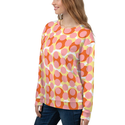 Good Wishes 365 women's recycled sweatshirt with a 70s pop art geometric print in pink, orange, and yellow.