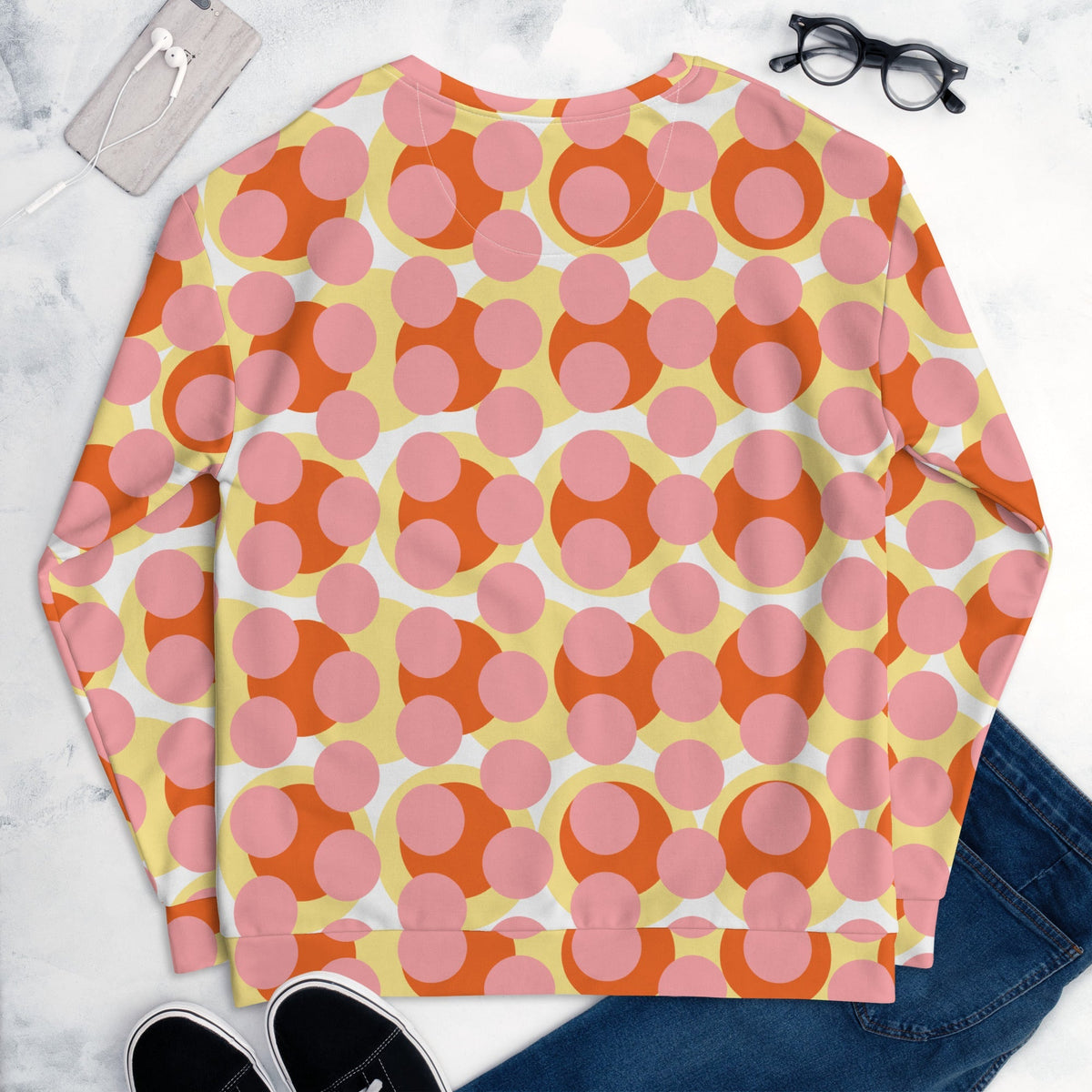 Good Wishes 365 recycled sweatshirt with a 70s pop art pink, orange, and yellow geometric print and crew neck