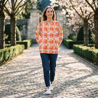 Good Wishes 365 pink 70s pop art recycled sweatshirt with geometric print worn by a woman on a cobblestone path