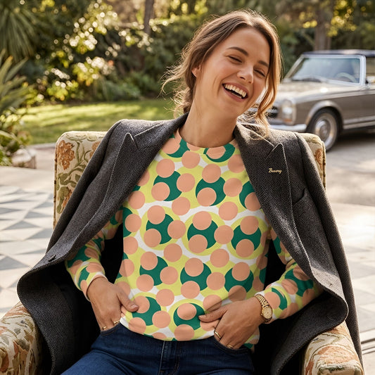 Good Wishes 365 women's recycled sweatshirt with a 70s pop art pink, yellow, and green geometric circle print.