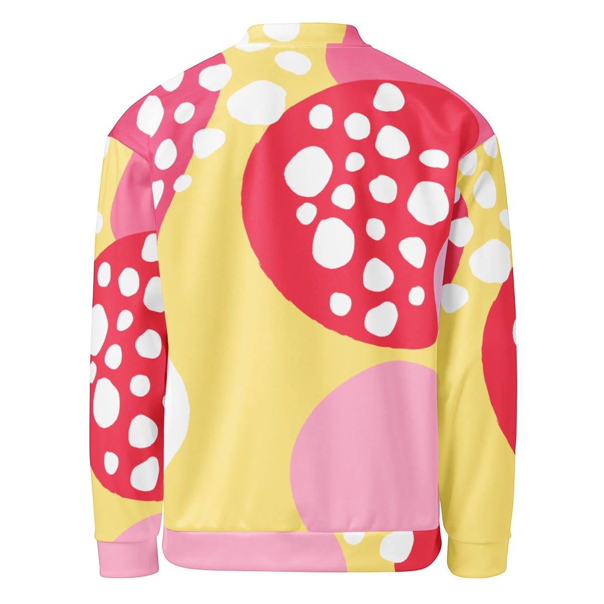 Good Wishes 365 unisex bomber jacket featuring a vibrant yellow, hot pink, and white abstract strawberry print back view