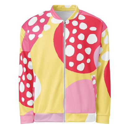 Good Wishes 365 unisex bomber jacket featuring a vibrant pink, yellow, and white abstract strawberry print.