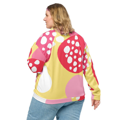 Good Wishes 365 unisex bomber jacket featuring a vibrant pink and yellow abstract strawberry print, back view.