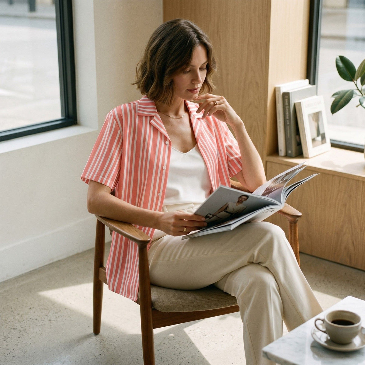 Good Wishes 365 woman wearing a pink and white striped resort shirt with a camp collar while reading in a chair.