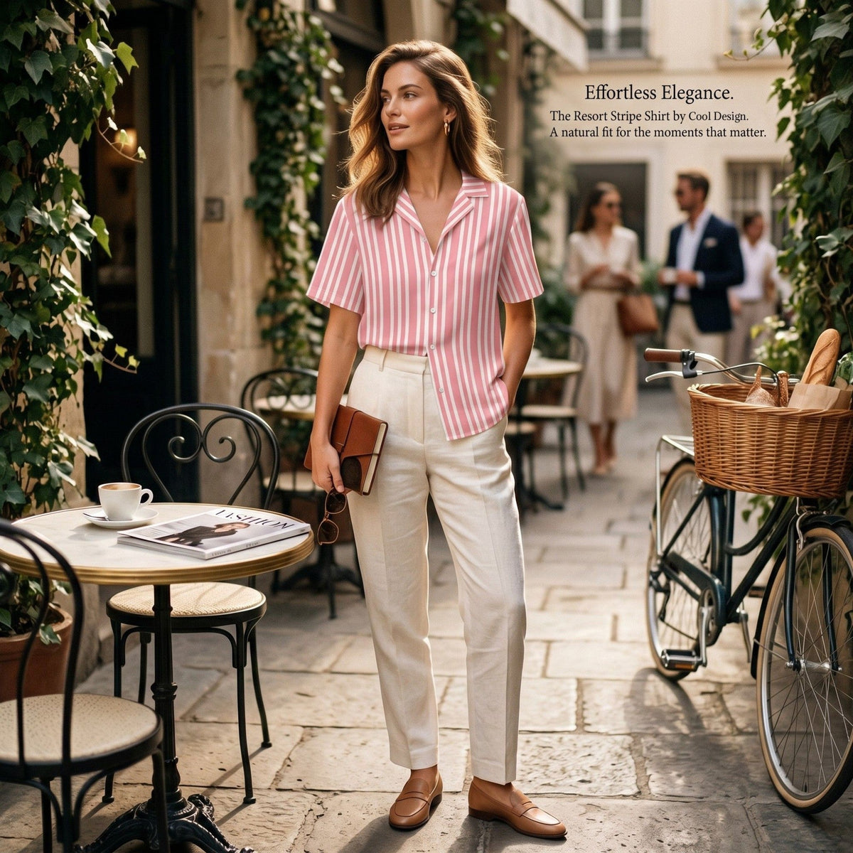 Good Wishes 365 pink and white striped resort shirt with camp collar worn by a woman in a European street cafe setting