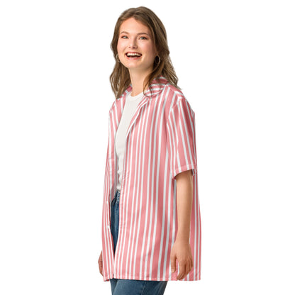 Good Wishes 365 women's pink and white vertical striped button-up resort shirt with a relaxed fit and camp collar.