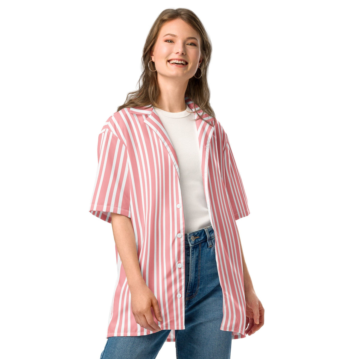 Good Wishes 365 pink and white vertical striped button-up resort shirt worn open over a white tee and blue jeans.