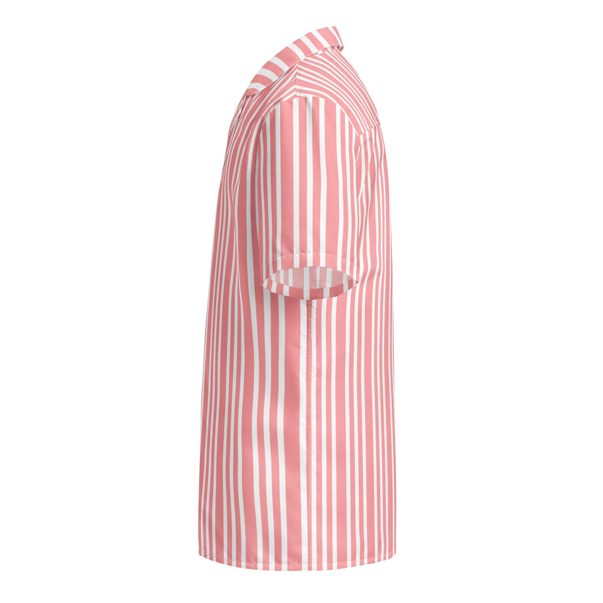 Good Wishes 365 pink and white vertical striped resort shirt with a camp collar, shown from a side profile view.
