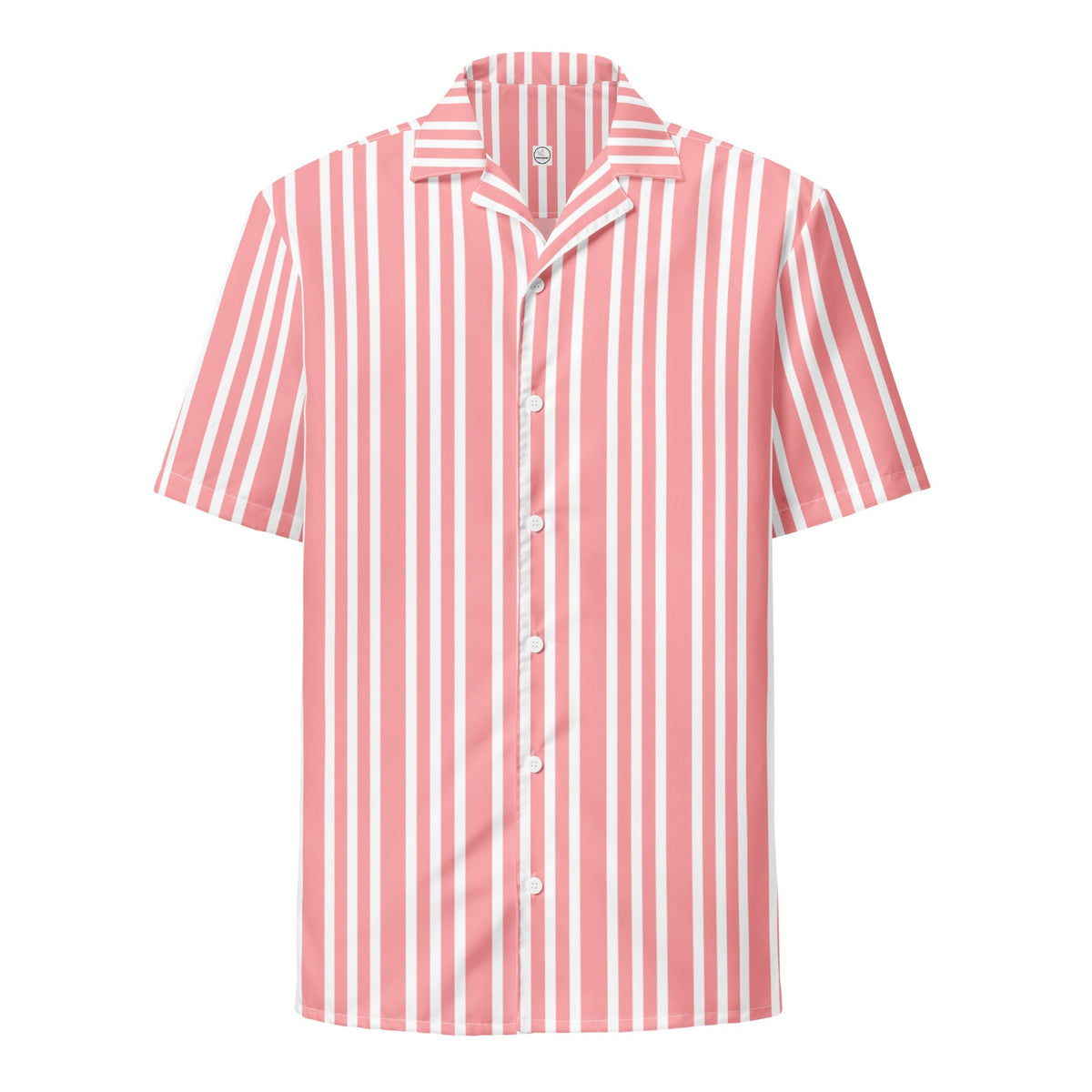 Good Wishes 365 pink and white vertical striped button-up resort shirt with a classic camp collar and relaxed fit.