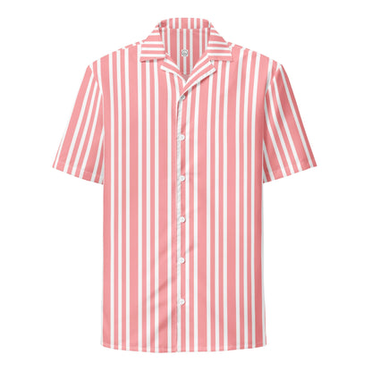 Good Wishes 365 pink and white vertical striped button-up resort shirt with a classic camp collar and relaxed fit.