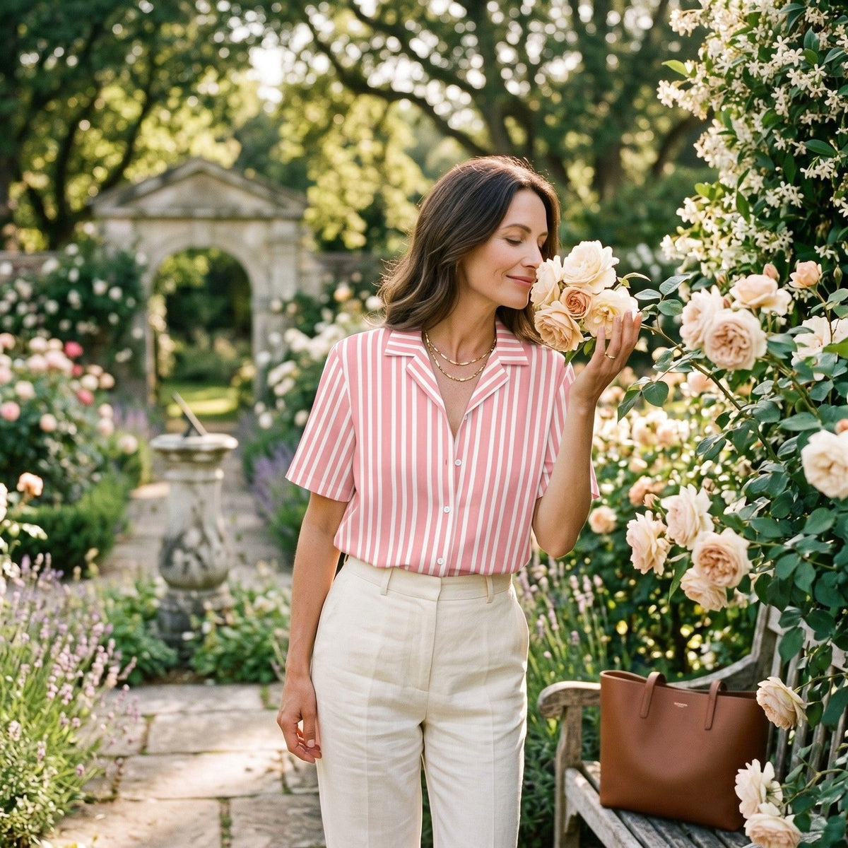 Good Wishes 365 pink and white striped button-up resort shirt with a camp collar worn by a woman in a garden.
