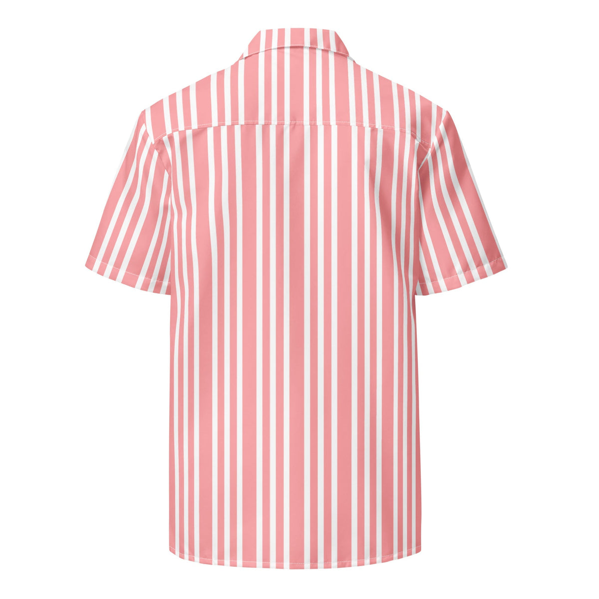 Back view of Good Wishes 365 pink and white vertical striped short-sleeve resort shirt with a classic camp collar.