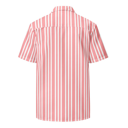 Back view of Good Wishes 365 pink and white vertical striped short-sleeve resort shirt with a classic camp collar.