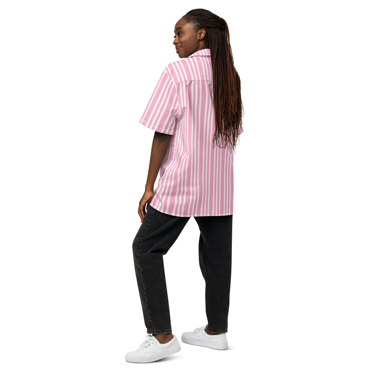 Good Wishes 365 pink and white striped short sleeve button-up shirt with a camp collar on a model in black jeans.