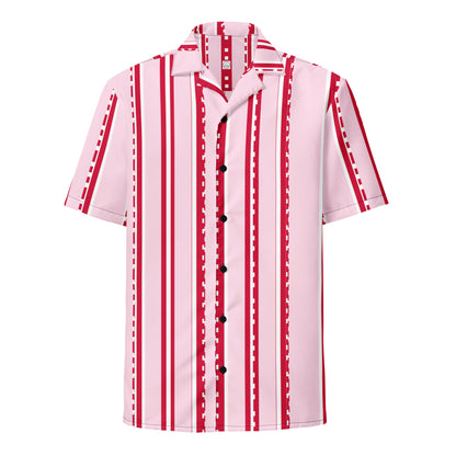 Good Wishes 365 unisex short sleeve button shirt in pastel pink with vertical red and white pixelated stripe pattern.