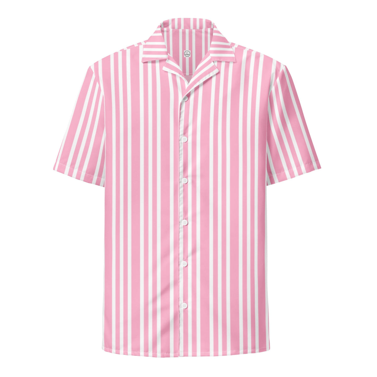 Good Wishes 365 women's casual pink and white vertical striped short sleeve button-up shirt with a camp collar.