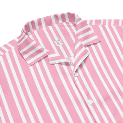 Good Wishes 365 pink and white vertical striped short sleeve button-up shirt with a classic camp collar.