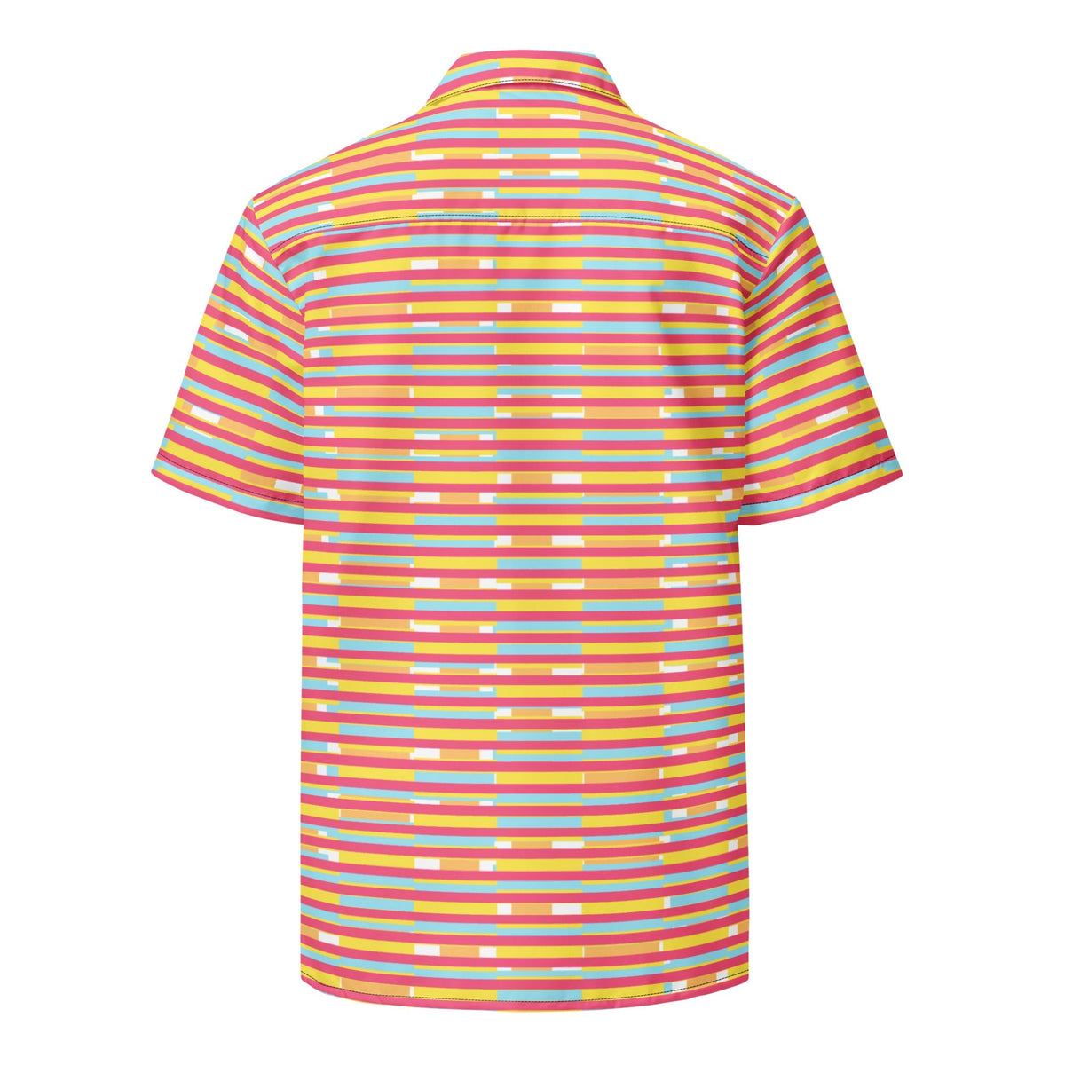 Good Wishes 365 short sleeve button-up shirt featuring a vibrant dark pink, yellow, and blue horizontal stripe pattern.