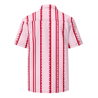 Back view of Good Wishes 365 pastel pink short sleeve button shirt with vertical red and white pixelated stripes.