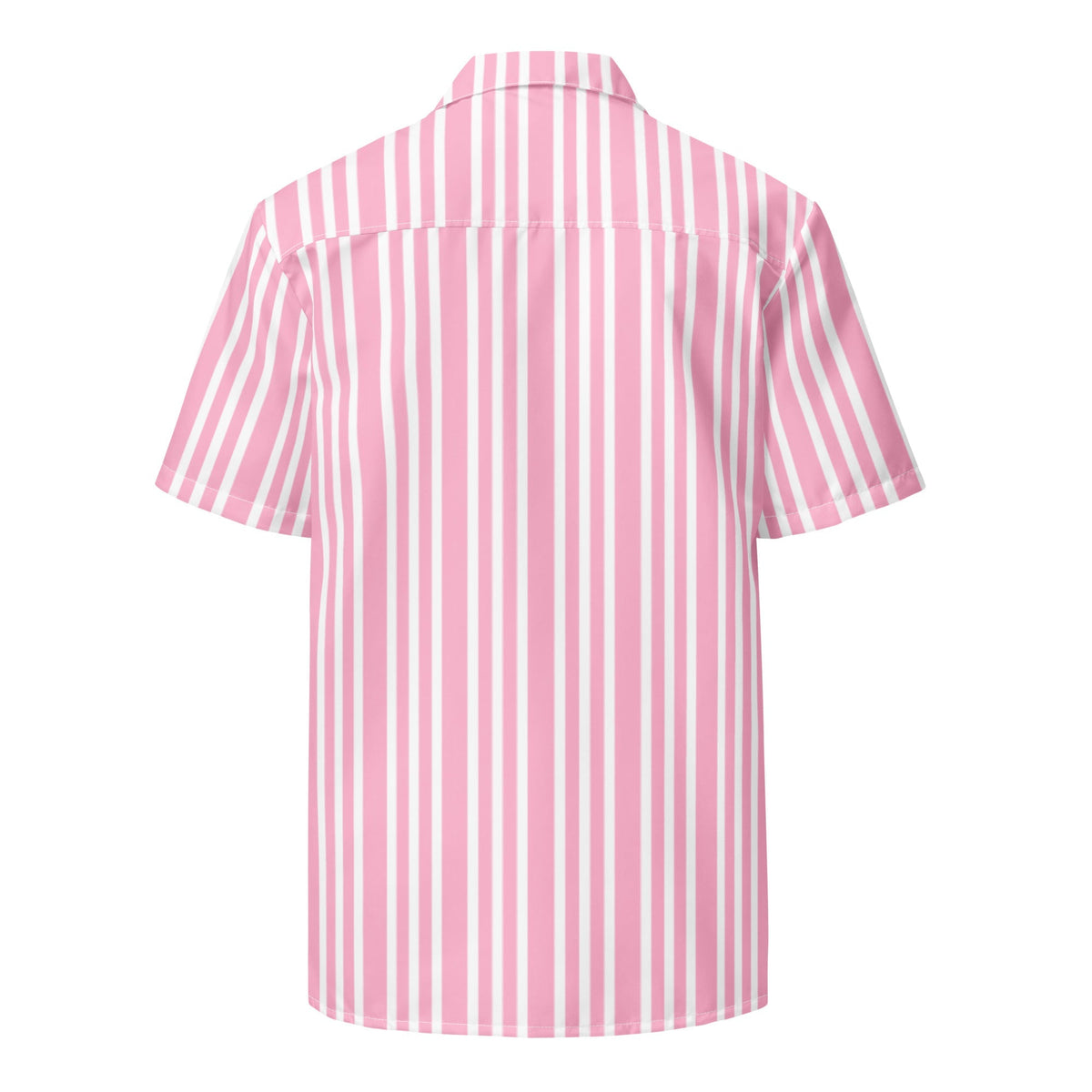 Good Wishes 365 women's casual pink and white vertical striped short sleeve button-up shirt, back view.