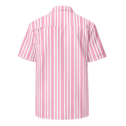 Good Wishes 365 women's casual pink and white vertical striped short sleeve button-up shirt, back view.
