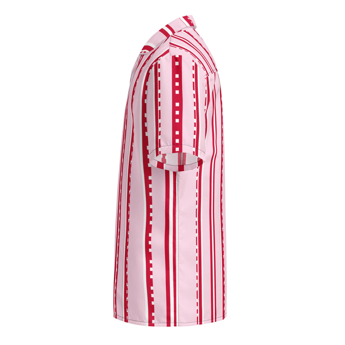 Good Wishes 365 pastel pink short sleeve button shirt with red and white pixelated vertical stripes, side view.