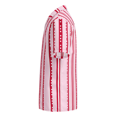 Good Wishes 365 pastel pink short sleeve button shirt with red and white pixelated vertical stripes, side view.