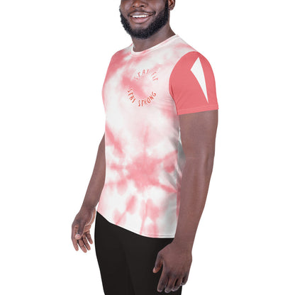 Good Wishes 365 men's pink tie-dye athletic t-shirt with Stay Fit Stay Strong graphic on a smiling model