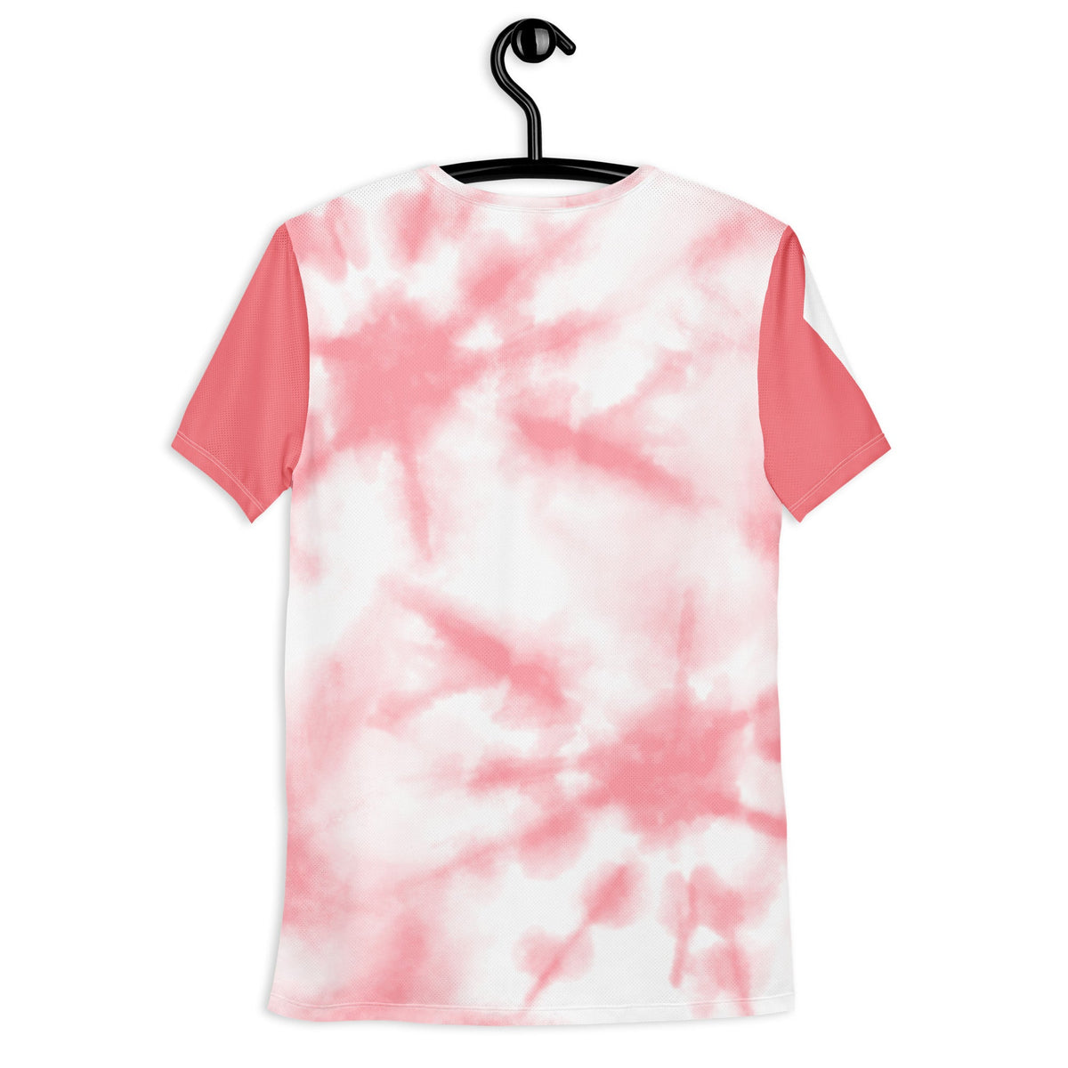Good Wishes 365 men's athletic t-shirt in pink tie-dye print, back view on a hanger, moisture-wicking fabric.