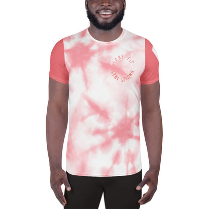 Good Wishes 365 men's pink tie-dye athletic t-shirt with Stay Fit Stay Strong graphic on moisture-wicking fabric