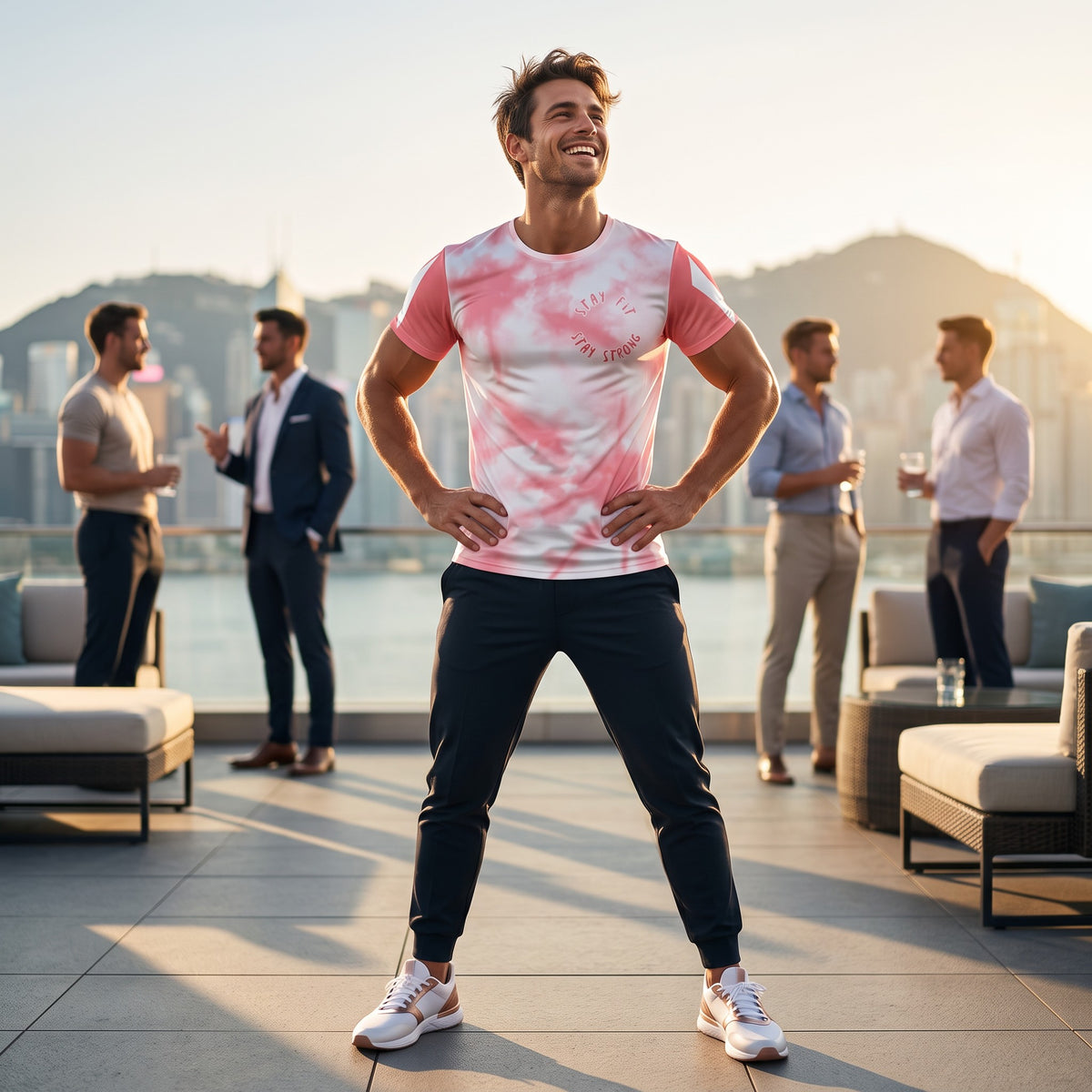 Good Wishes 365 men's pink tie-dye athletic t-shirt with Stay Fit Stay Strong graphic worn by a man on a city rooftop